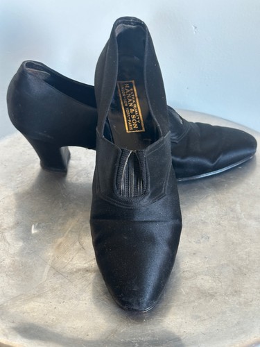 1920s Black Satin Heals Hanan & Son NYC Historic Antique Shoes Rare - Small