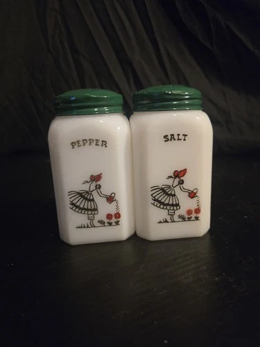 McKee Large Watering Can Lady Salt & Pepper Range Shaker Milk Glass Vintage