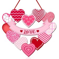 Wood Heart Wall Decorations, Red Pink Heart Wall Hanging, Happy Valentine's