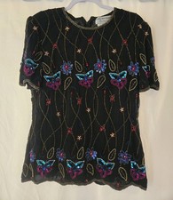 Vintage Papell Boutique Women's Beaded Silk Top M Black Floral Evening Party