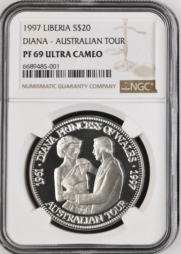 1997 LIBERIA SILVER 20 DOLLARS DIANA - AUSTRALIAN TOUR - NGC PF 69 ULTRA CAMEO