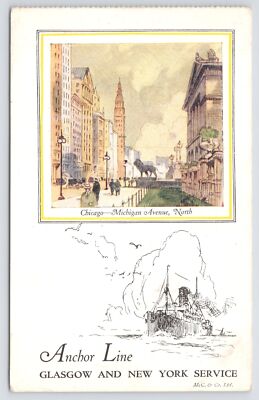 Transportation~Ship~Anchor Line Glasgow & New York Service~Mich Ave~Vintage PC