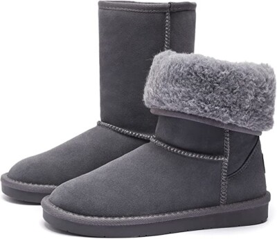 Adokoo Womens Winter Snow Boots Warm Cow Suede Leather Mid Calf Boots Ankle Boot