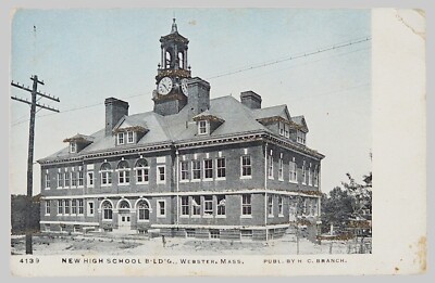 Postcard New High School Building Glitter Decorated, Webster MA Unposted