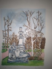 Orfeo Tamburi  "giardino di Parigi "  acquaforte acquarellata a mano  50x70