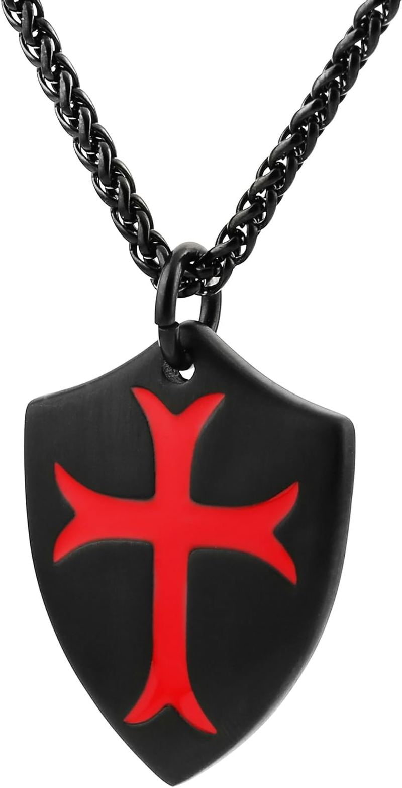 HZMAN Knights Templar Cross Joshua 1:9 Shield Stainless Steel Pendant Necklace w