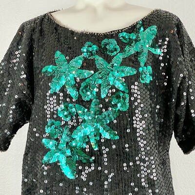 RARE VINTAGE SEQUIN SILK BLACK BLOUSE GREEN STAR EXQUISTE DESIGN SZ LARGE