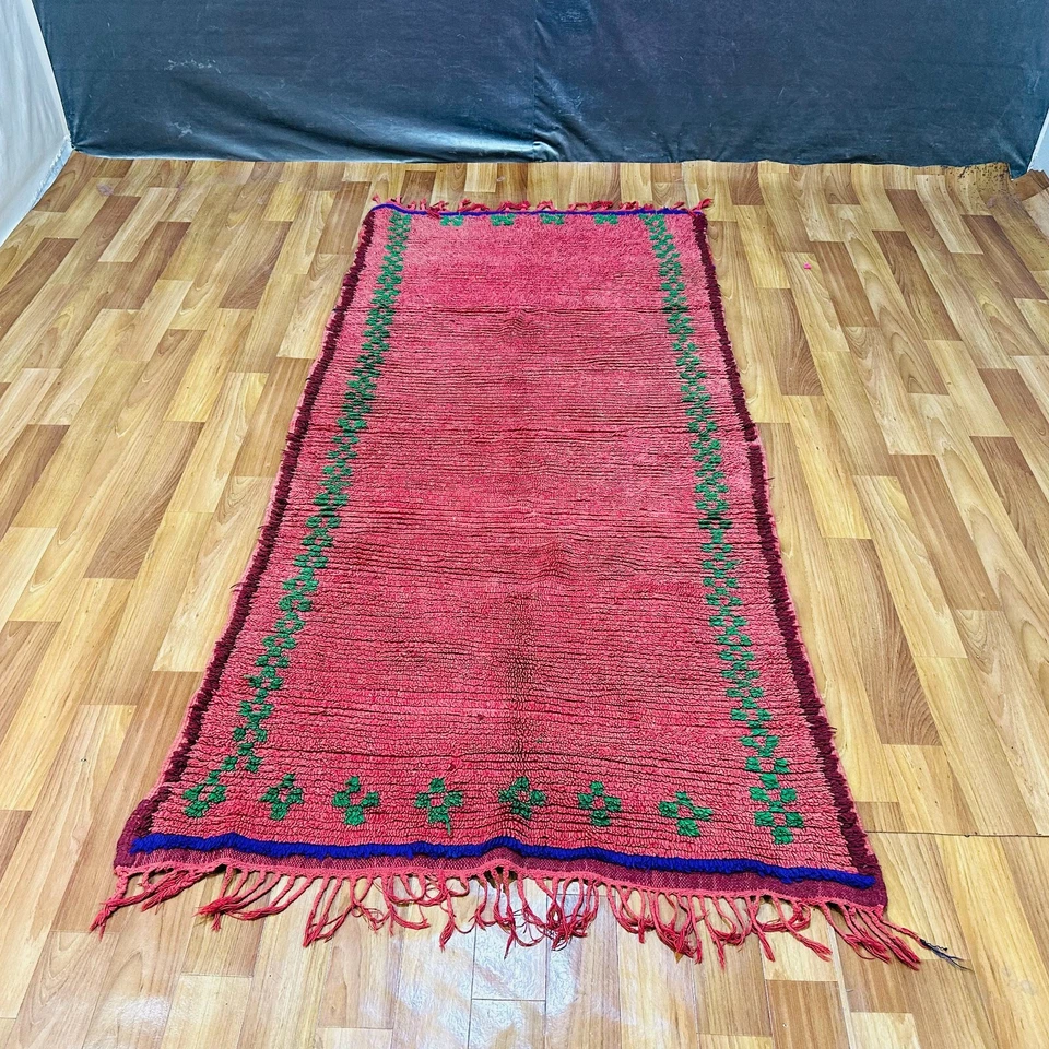 Red Pink Moroccan Rug Green Blue Border Vintage Berber Wool Tribal Carpet Runner - Image 4 of 4