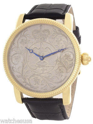 Stauer Mens Silver Dial Gold Case Black Leather Strap Band  Quartz Watch 20287