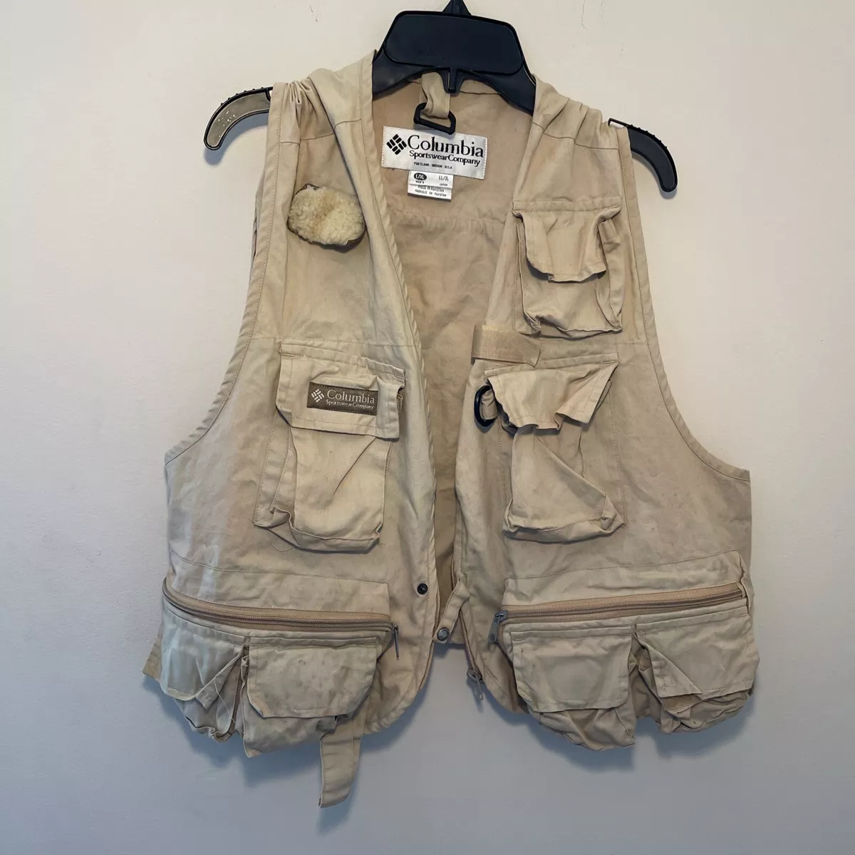 Vintage Columbia Fly Fishing Vest Mens L/XL Khaki Pockets Zip