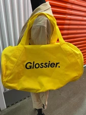 Glossier Yellow Duffel Gym Bag + Round Travel Case Set Tote Logo Limited Edition