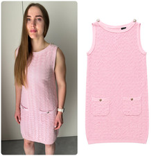 Women's CHANEL Textured Knit Shift Mini Dress Sleeveless CC Logo Buttons 38, ~S