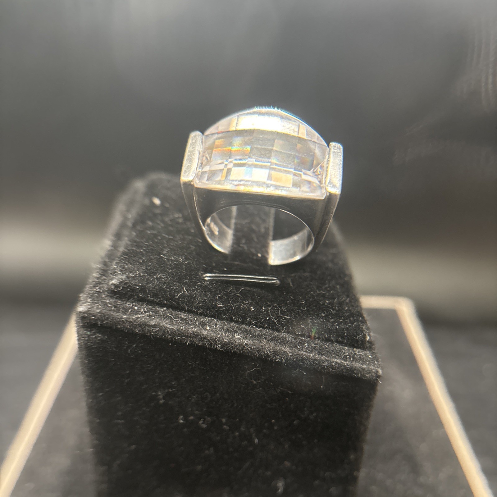 Solid silver ring with large rectangular clear st… - image 2