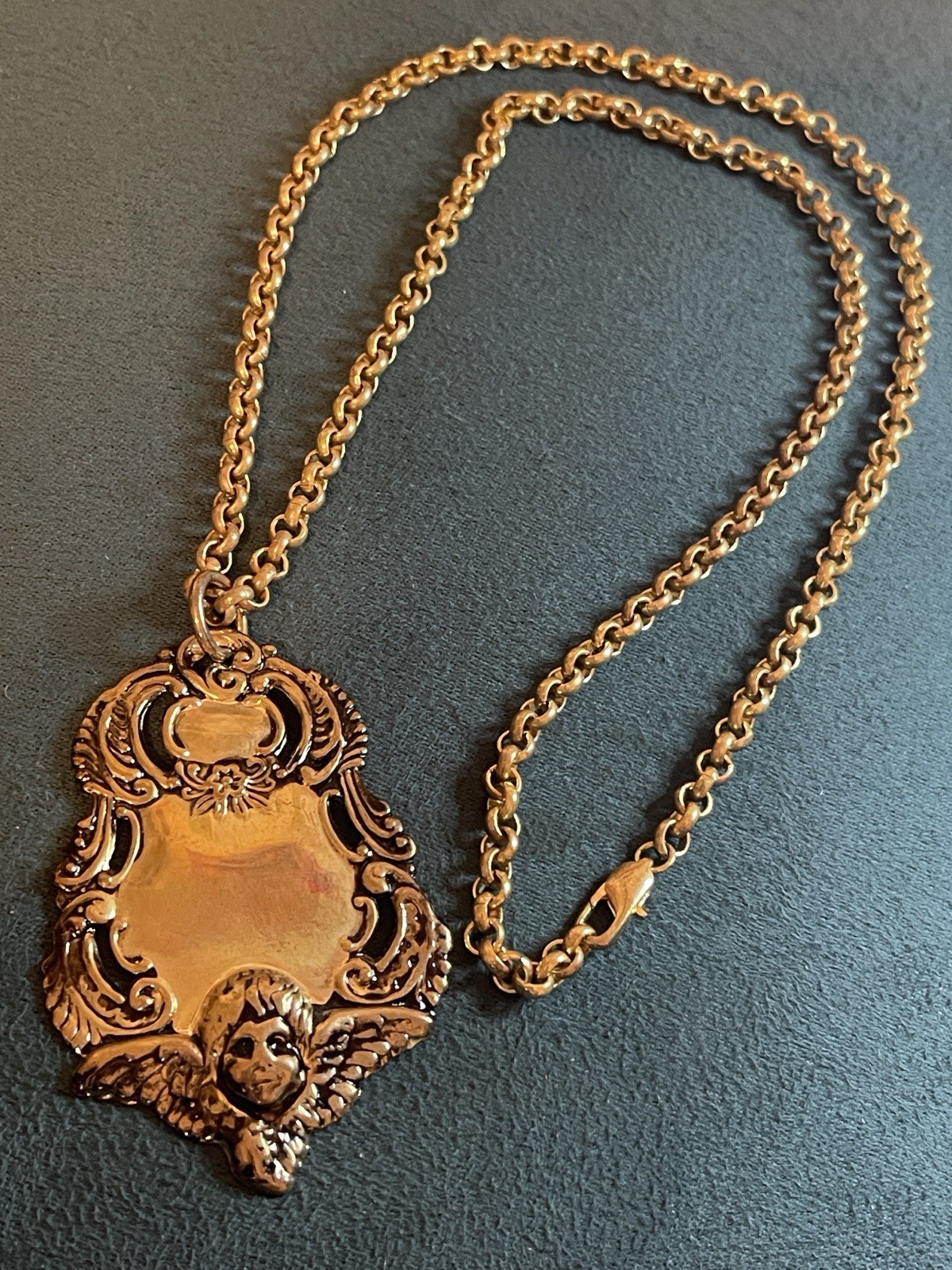 Vintage Art Nouveau Antiqued Brass Cherub Shield Engraveable Pendant Necklace