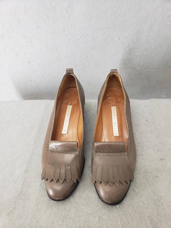 Zapatos de salón vintage Perry Ellis para mujer 6B cuero flecos mocasín bloque tacón bajo años 90 Foto 2 de 4