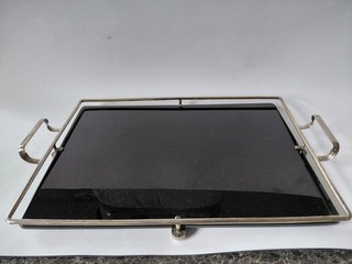 Art Deco black vitrolite glass and silver plated cocktail tray