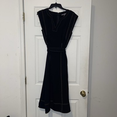 Karl Lagerfeld Paris Black Belted Midi Dress Size 4 Split Neck Contrast Stitch
