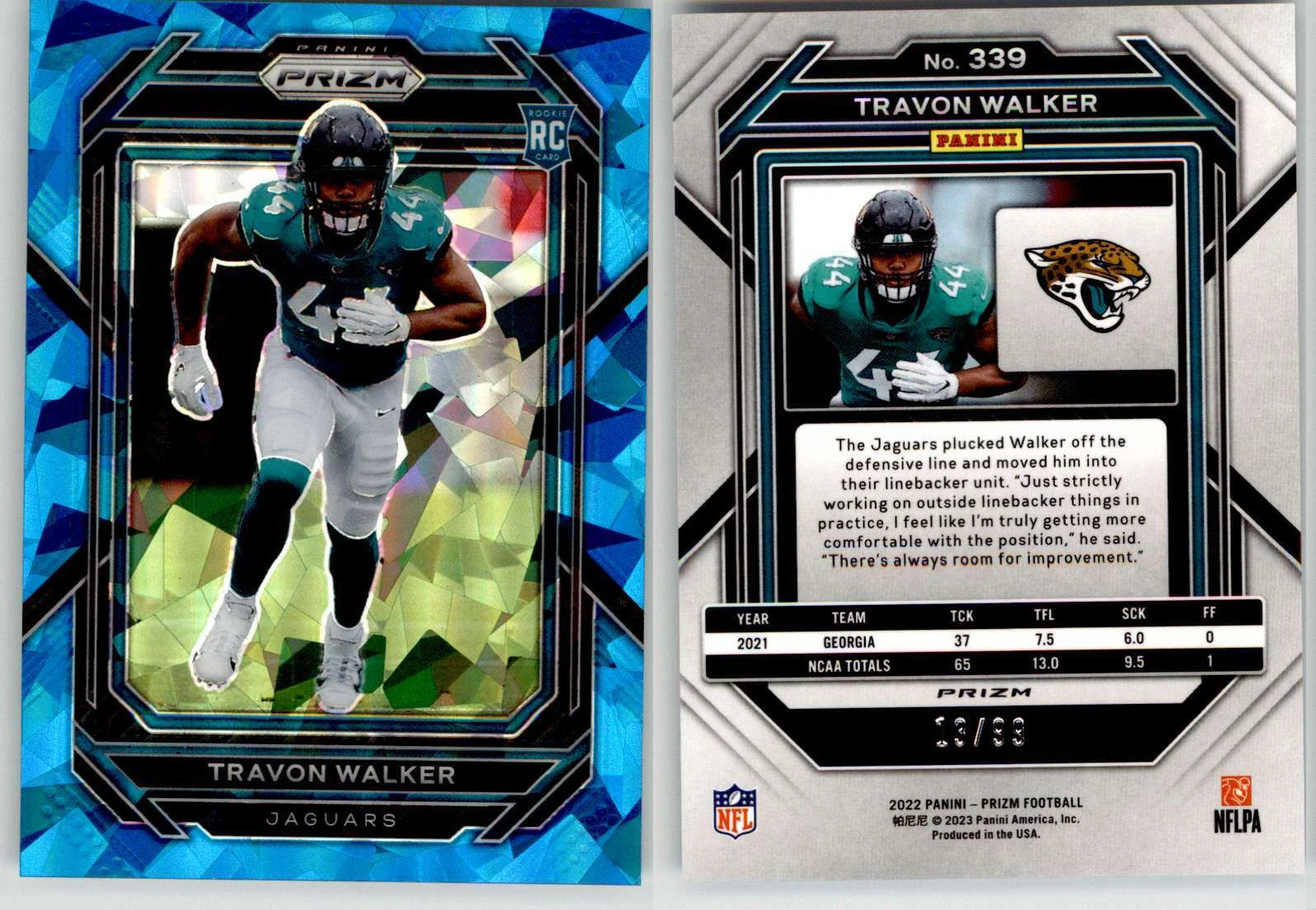 Travon Walker 2022 Prizm Blue Ice #339 /99 Georgia Jaguars RC Rookie