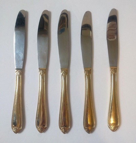 Hampton Silversmiths 215 Set of 5 Stainless Gold Accented Dinner Knives 9" - Picture 5 of 5