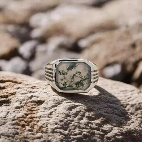 Natural Moss Agate Ring 925 Sterling Silver Ring Men's Agate Ring Gift For Him