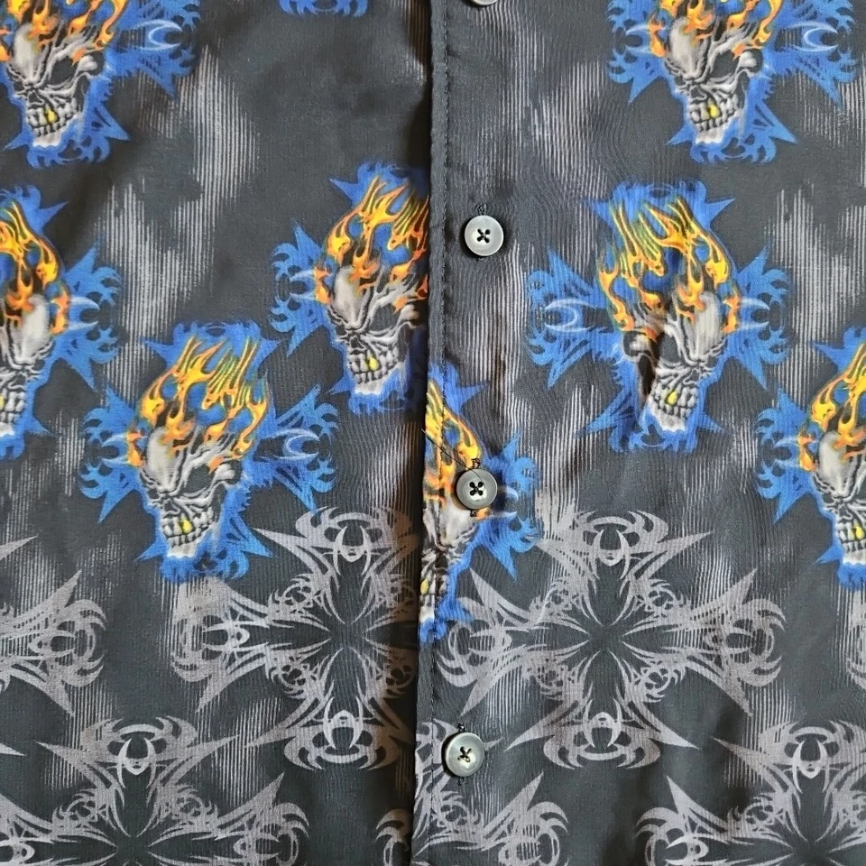 ODO Shirt Mens Large Flaming Skulls Y2K Goth Bowling Camp - Image 2 of 4