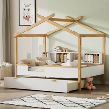 Full Size Wooden House Bed with Trundle and Bookshelf Storage Space for Children