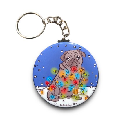 Black Pug Dog Christmas Keychain Handmade Retro Pet Portrait Art Gift Accessory