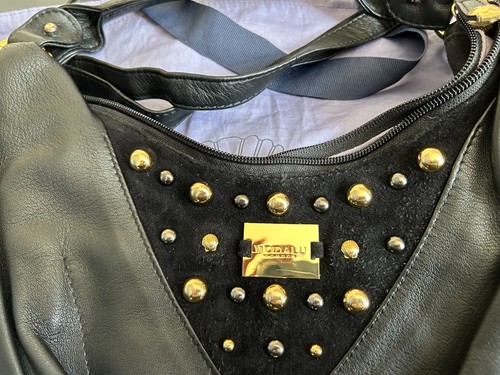 Modalu London black leather handbag with stud detail and suede detail on front - Picture 2 of 11