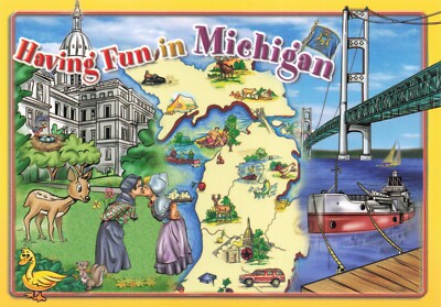Postcard MI Map Illustrated Capital Upper Peninsula Soo Locks Bridge Wildlife