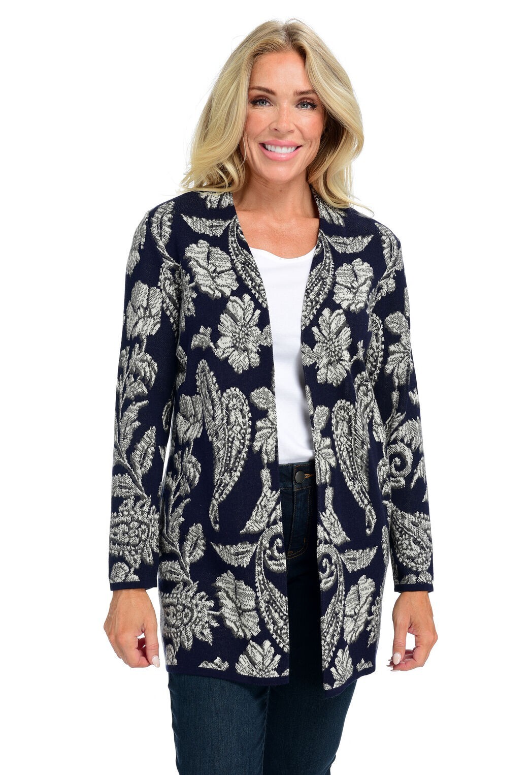 Ladies Open Front Jacquard Patterned Navy Coatigan Choice Size M or L | eBay