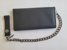 Genuine Leather Biker Long Wallet With Chain Black Bi-Fold Trucker 7" Wallet