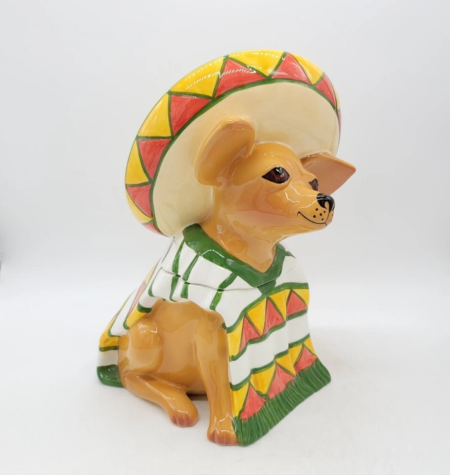Tarro de galletas vintage mexicano Ay Chihuahua taco perro Sarape sombrero arcilla artes 1999 Foto 3 de 4