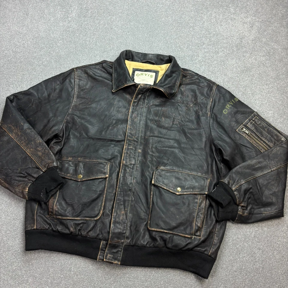 Orvis Leather Flying Jacket Adult Large Black Bomber Aviator Military Flight Men - Image 2 of 4