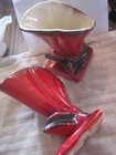 Shawnee Cornucopia PAIR OF 5" HIGH RED/BLACK POTTERY VASES#865 MADEUSA Art Deco