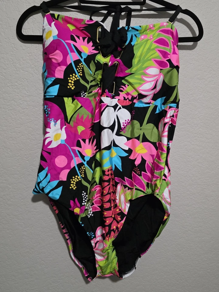 Trina Turk Women's Tiki Bandeau One Piece Swimsuit Floral Swim Halter Size 14 - Image 4 of 4