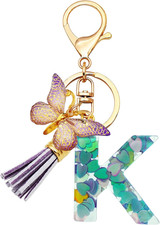 Initial Letter Keychains for Girls Women Pink Purple Green Cute Butterfly Heart