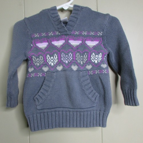 Antiguo Suéter Azul Marino Bebé 12-18 Meses Pullover Capucha Bolsillos Gris Rosa Corazones - Imagen 2 de 10