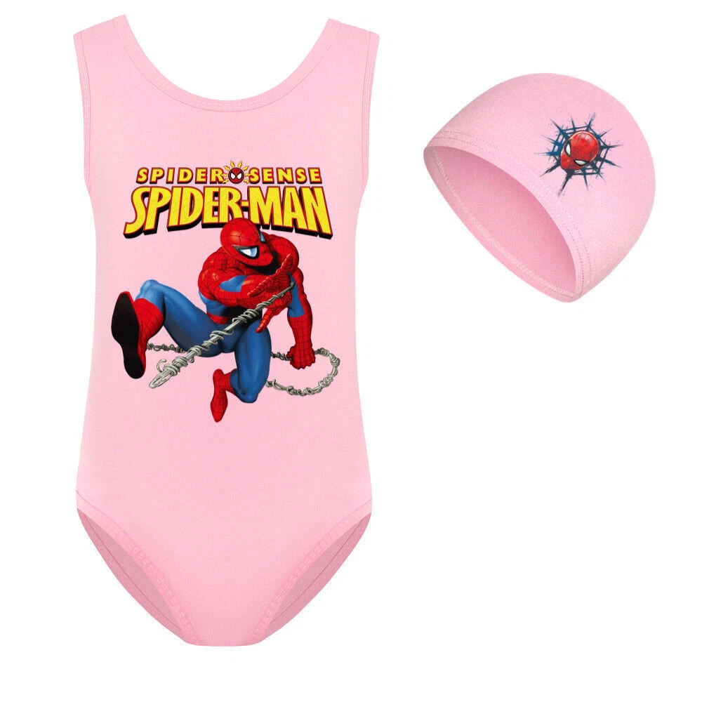 Kids Girls Spiderman Swimwear One Piece Swimsuit Swimming Beach Bathing Suit Cap