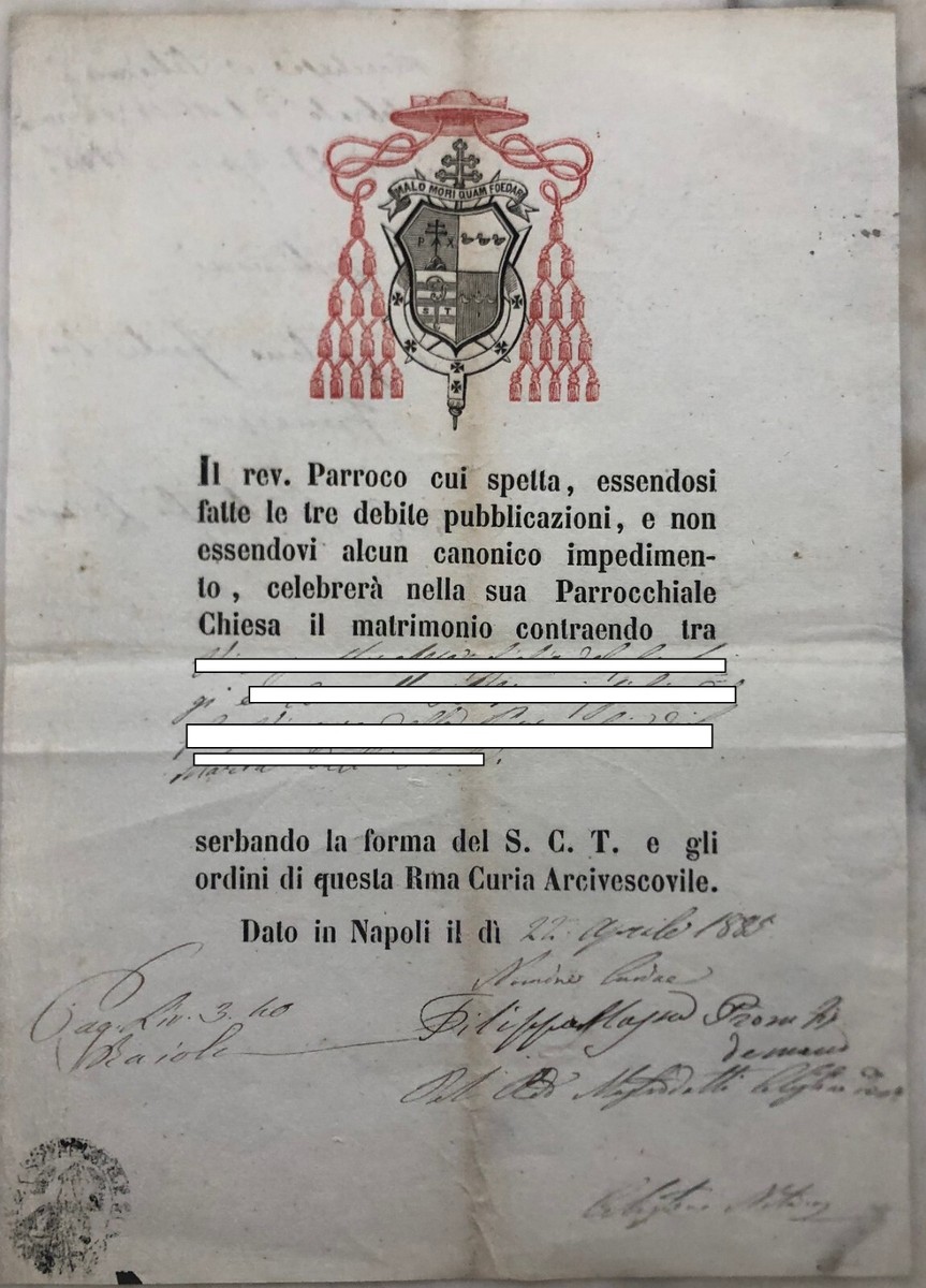 Antico documento filigranato celebrazione matrimonio 1885 Napoli