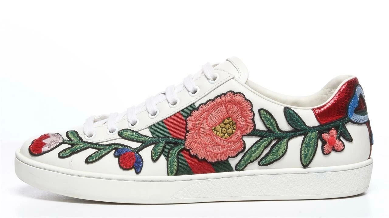 Baskets femme GUCCI Z1162 cuir blanc fleurs as brodées taille 40