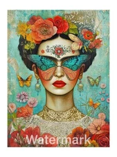 Frida Kahlo Whimsical Collage Cotton Fabric Quilt Block Free Shipping (35B