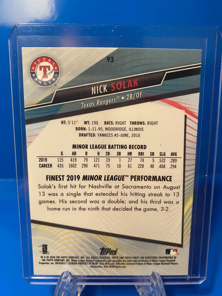 2020 TOPPS FINEST #93 NICK SOLAK RC TEXAS RANGERS - Image 2 of 2