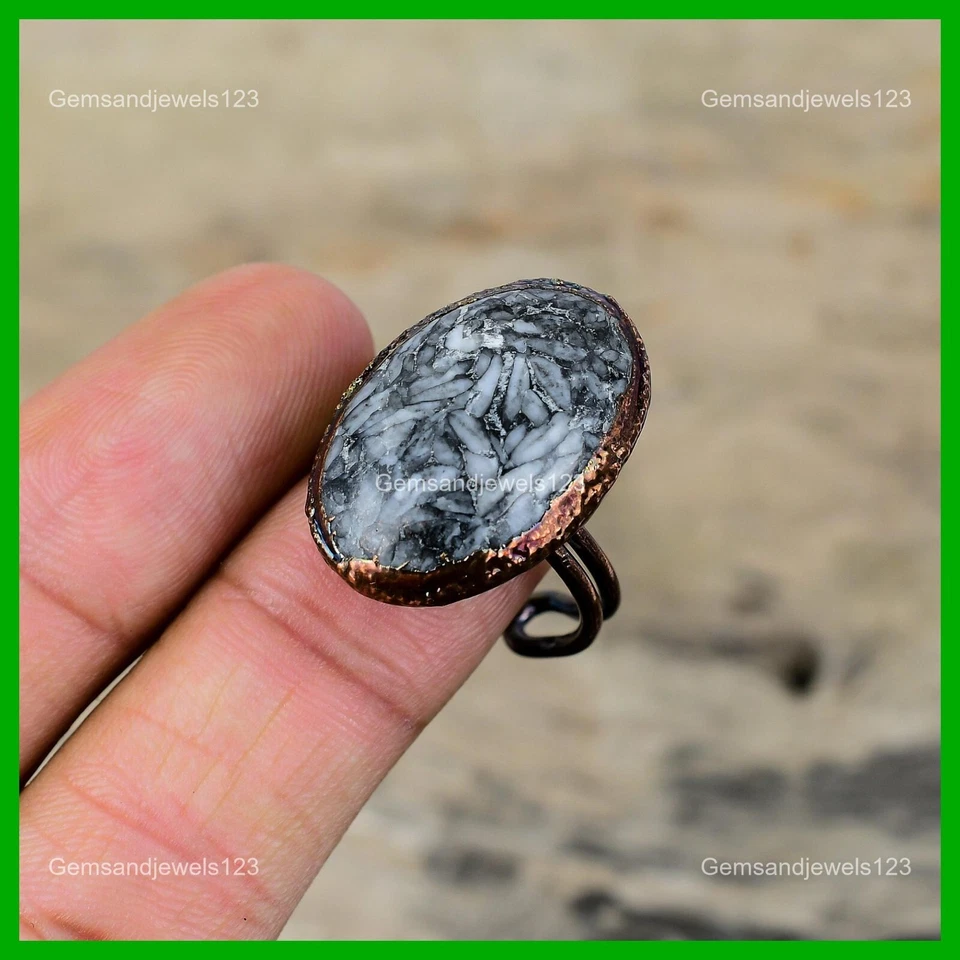 Anillo Ovalado Natural Pinolito Jaspe Cobre Bisel Apilable Electroformado Joyería Foto 4 de 4