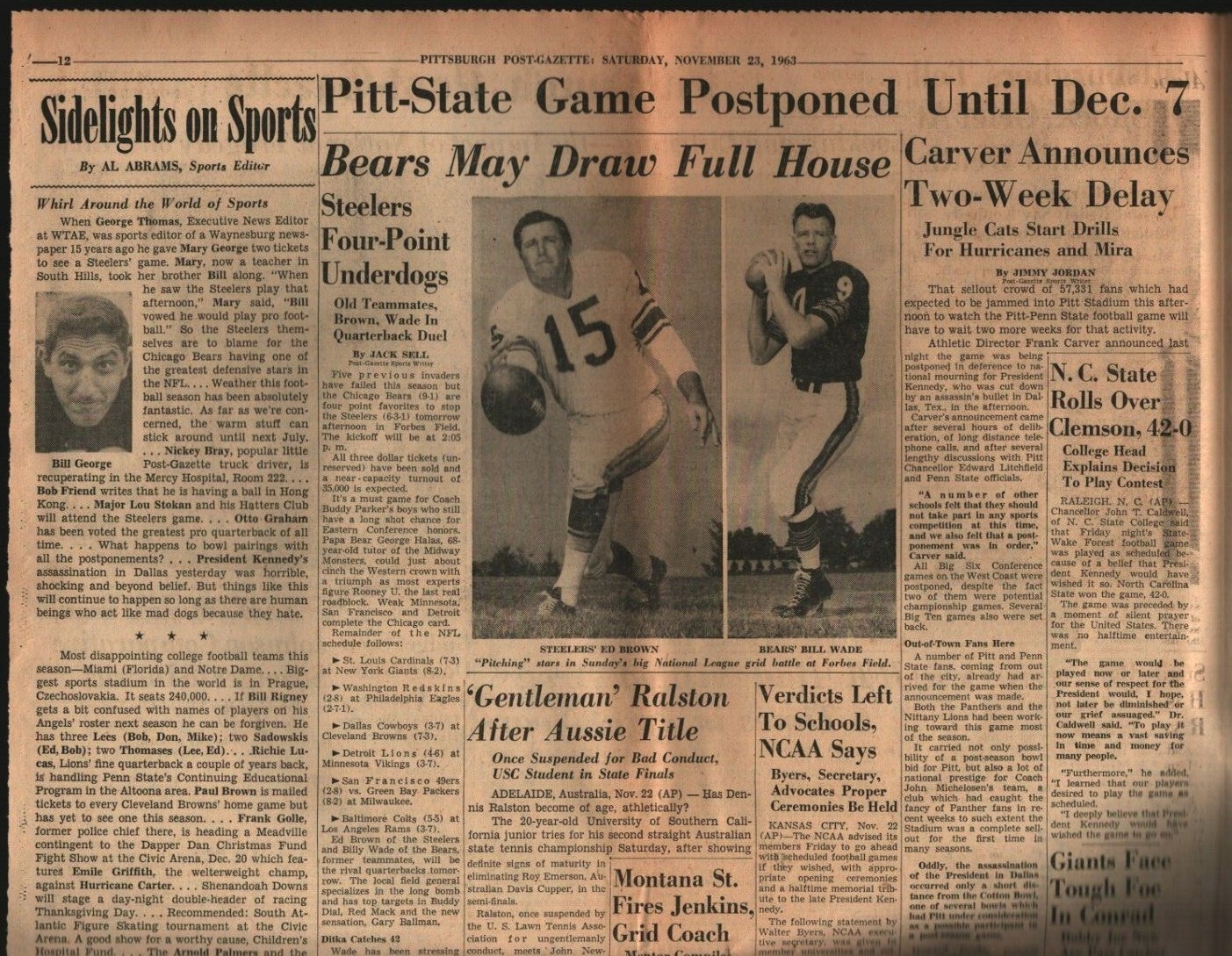 Pittsburgh Post-Gazette Nov 23, 1963 JFK ASSASSINATION Disrupts Games 110121WEEM