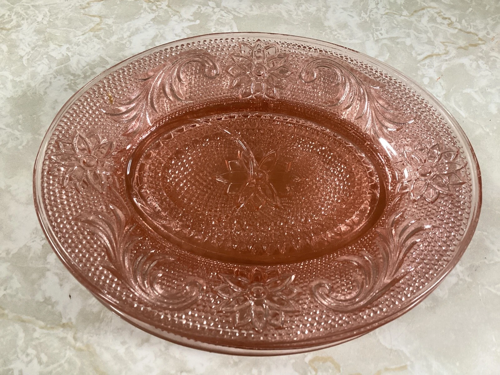 Tiara Indiana Glass Sandwich Peach Pink Oval Snack Plates with cup indent (4)