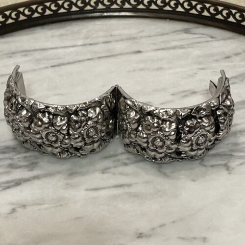 Vintage Large Mesh Whiting & Davis Co Bags Silver Flowers Cuff Bracelet - Picture 4 of 10