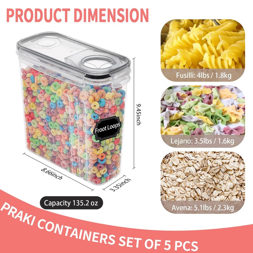 Large Dry Food Storage Containers with Lids, 6PCS Airtight Cereal