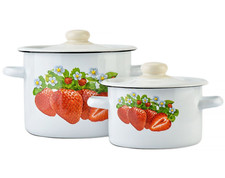 Novomoskovsk Strawberry Enamel Stockpot Set Vintage Cooking Pot Set 2 qt, 5 qt