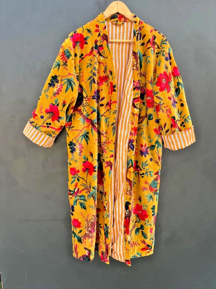 Abrigo Chaqueta Lujosa Terciopelo Flecos Kimono Plumero Estampado Floral Kimono Chaqueta Larga Foto 3 de 3