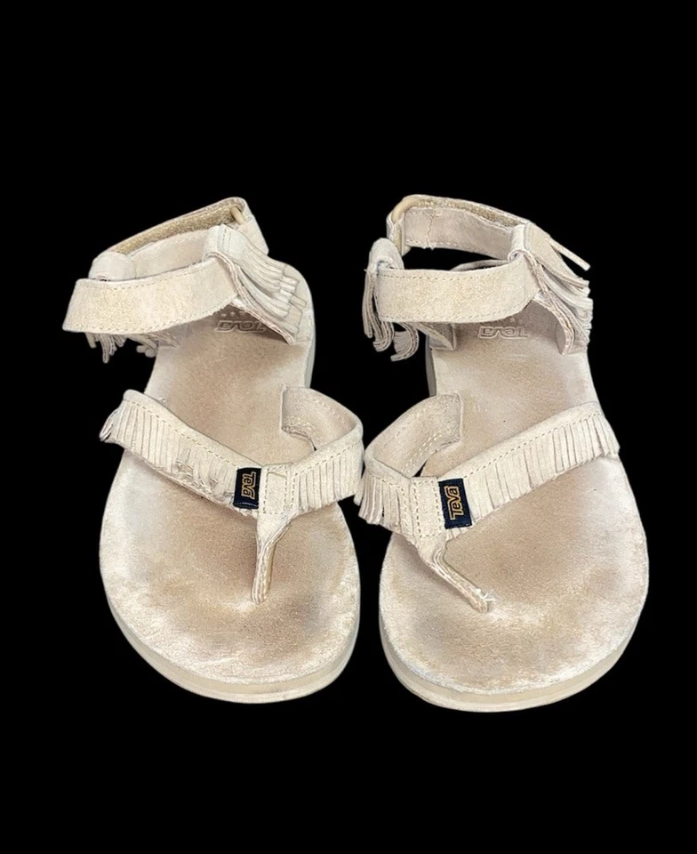 Sandálias femininas Teva de couro original franja lisa tamanho 9 bege conforto hippie - Imagem 2 de 3